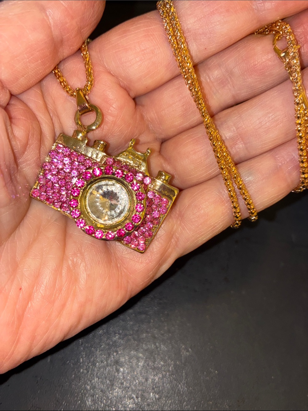 Gold-Tone Pink Crystal Camera Pendant Necklace